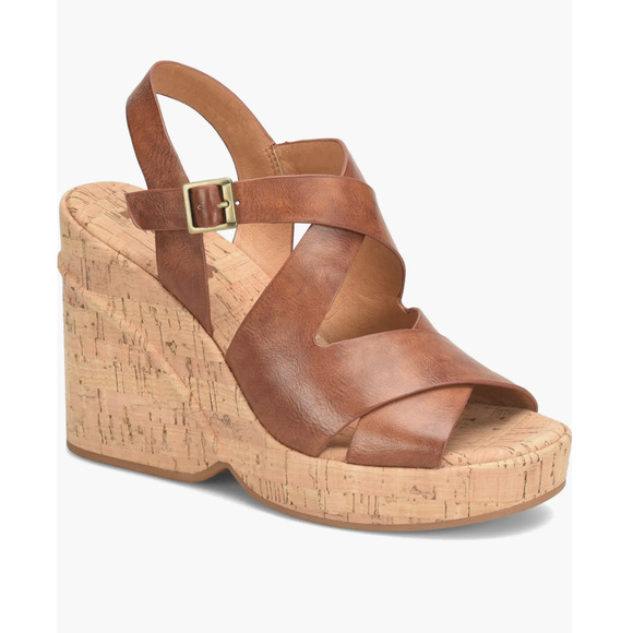 NEW Korks Brigitte Wedge Platform Sandals Sz 10 Dark Tan Strappy Buckle Ankle - Picture 1 of 5